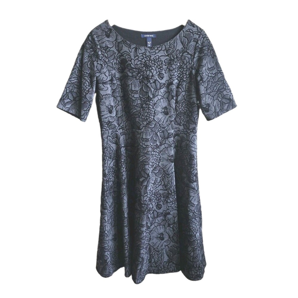 Lands End Black Gray Flocked Floral Fit Flare Petite Dress MP (10/12) Medium